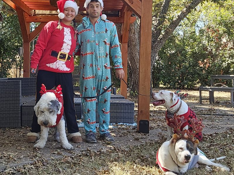 Adoptive family dressed as Mickey Mouse, Donald Duck and Daisy Duck