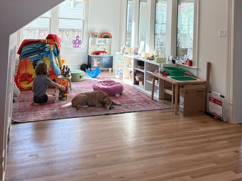 sunny playroom with daughter and sleeping dog in houston, tx home of adoptive family